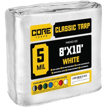 Core Tarps Heavy Duty Tarp, 10 ft L x 0.5 mm H x 8 ft W, 5 Mil, White, Polyethylene CT-504-8X10